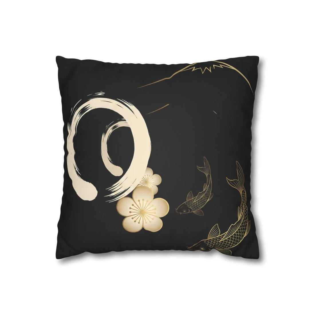 Front view of Minimalist Japanese Motif Cushion Noir Gold Fuji En on a white background.