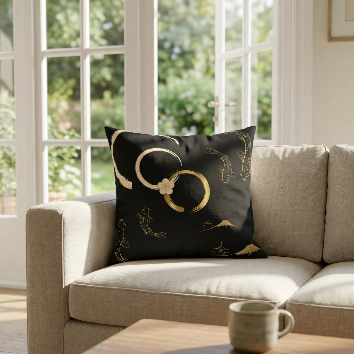 Gold Koi Fish Pillow Cover, lifestyle view.