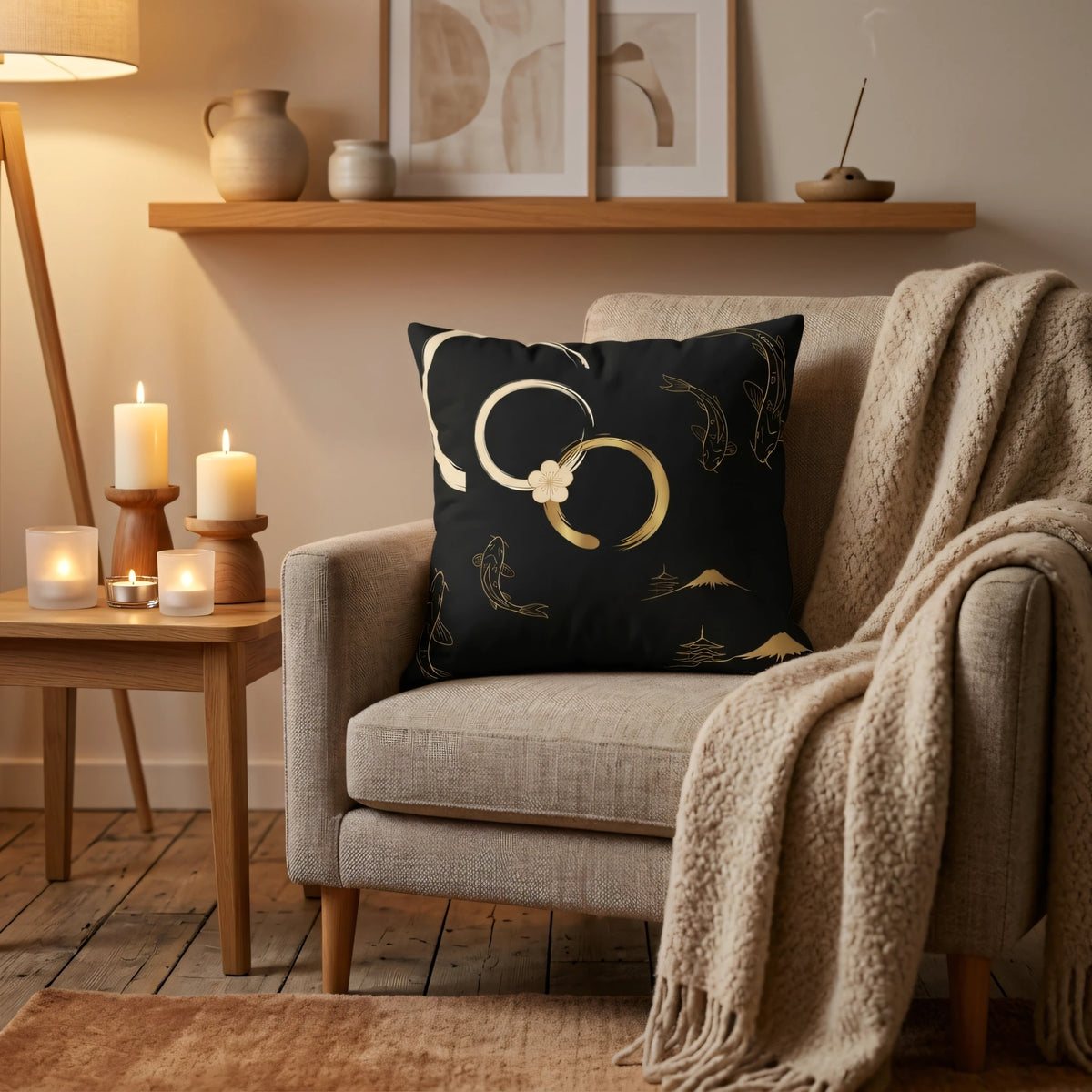Gold Koi Fish Pillow Cover, lifestyle view.