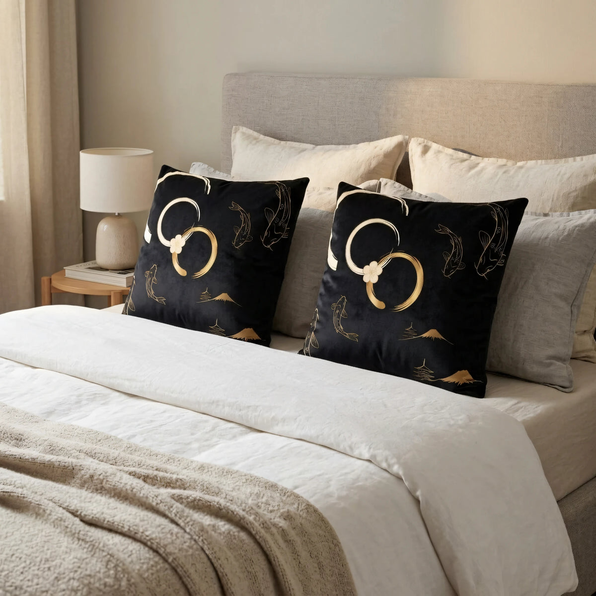 Gold Koi Fish Pillow Cover, lifestyle view.