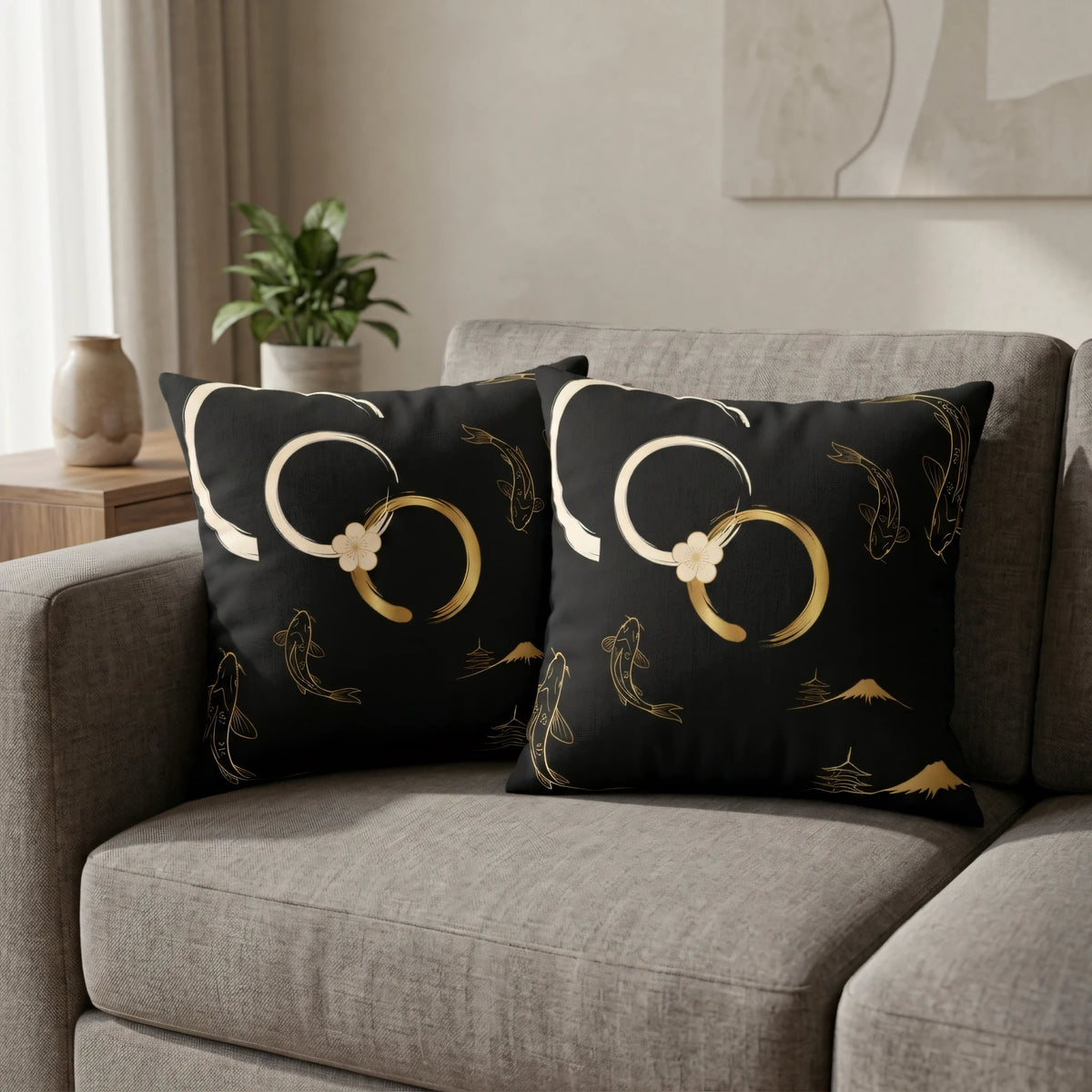 Gold Koi Fish Pillow Cover, lifestyle view.