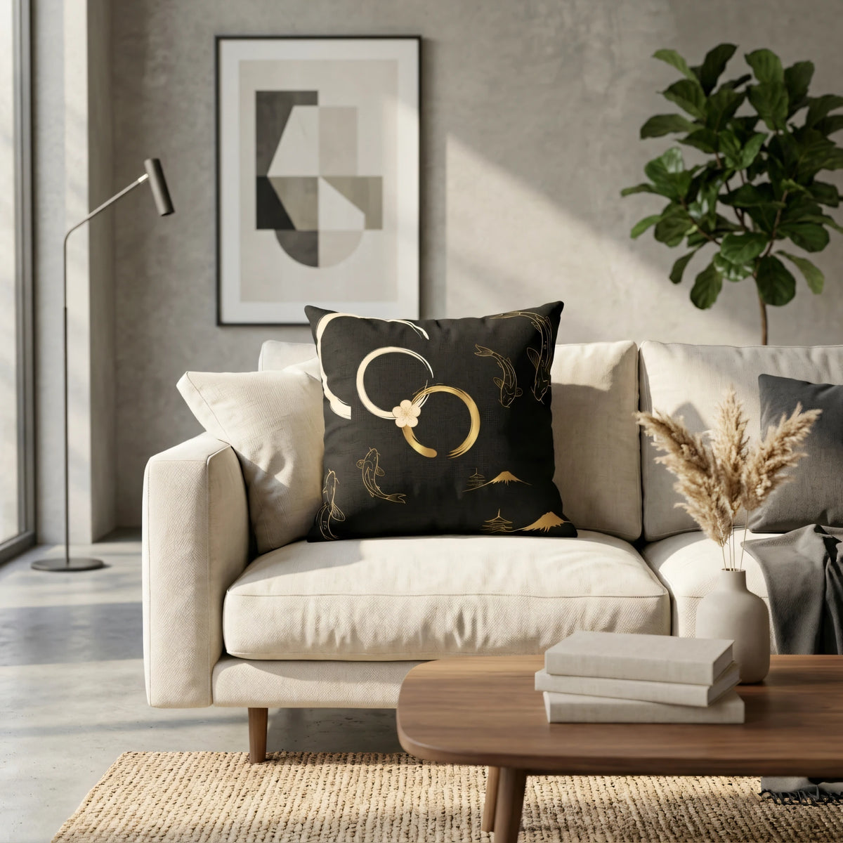 Gold Koi Fish Pillow Cover, lifestyle view.