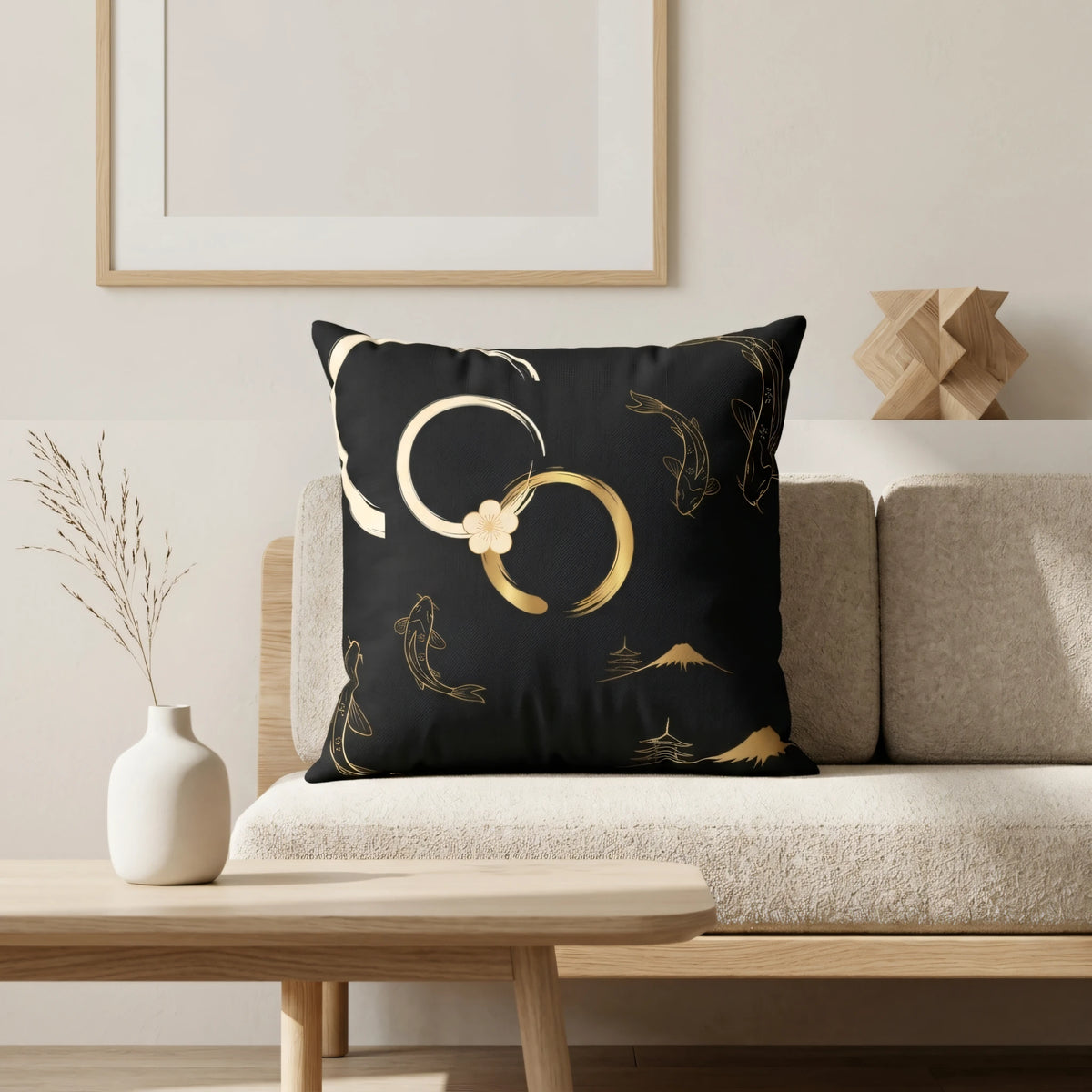 Gold Koi Fish Pillow Cover, lifestyle view.