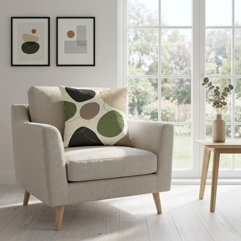 Modern decorative pillow with abstract green and black organic shapes on a beige armchair in a bright, sunlit room with large windows.