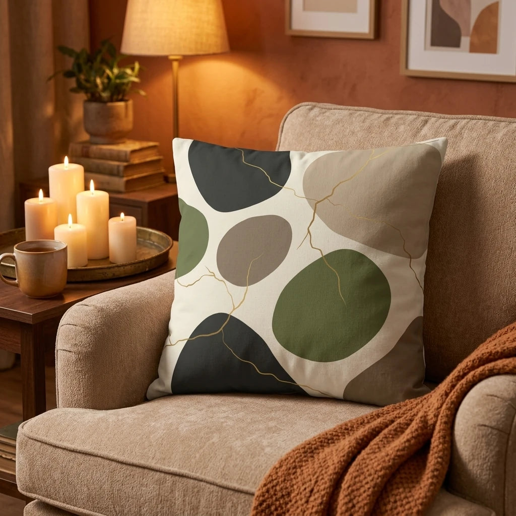 Abstract decorative cushion with organic green and gray patterns on a beige armchair in a warm, cozy living room with lit candles and a lamp.
