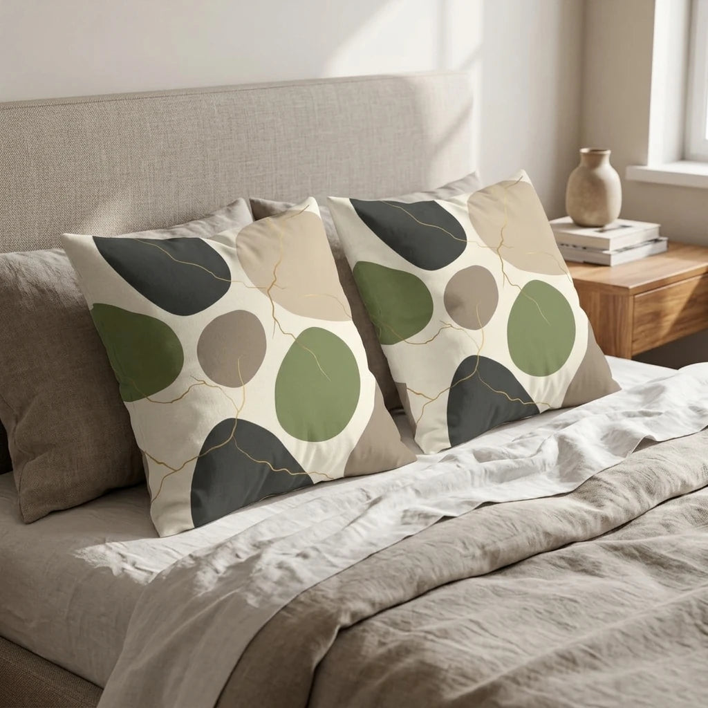 Pair of square cushions with abstract organic shapes in green and beige with gold veins, styled on a modern bed with neutral linen sheets.