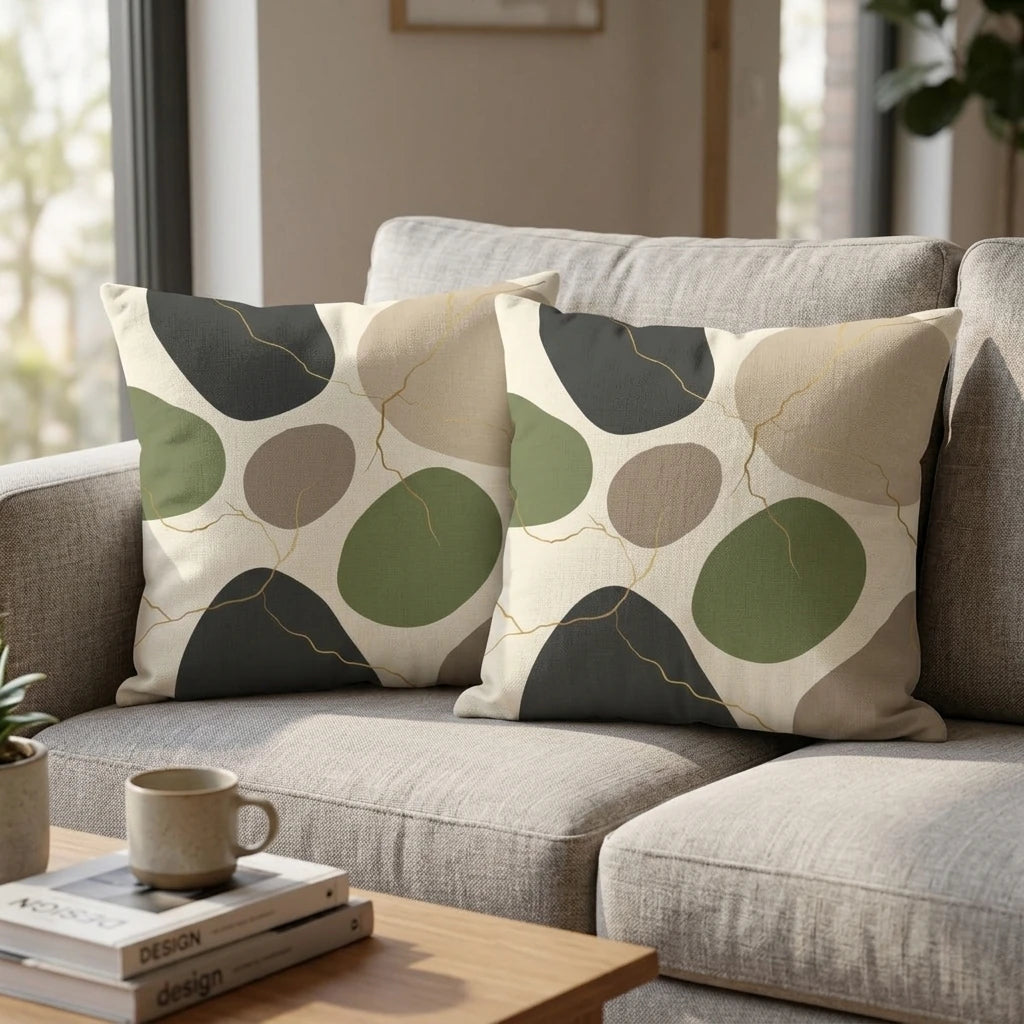 Two decorative cushions with green and grey abstract organic shapes and gold lines on a light grey sofa in a modern living room.