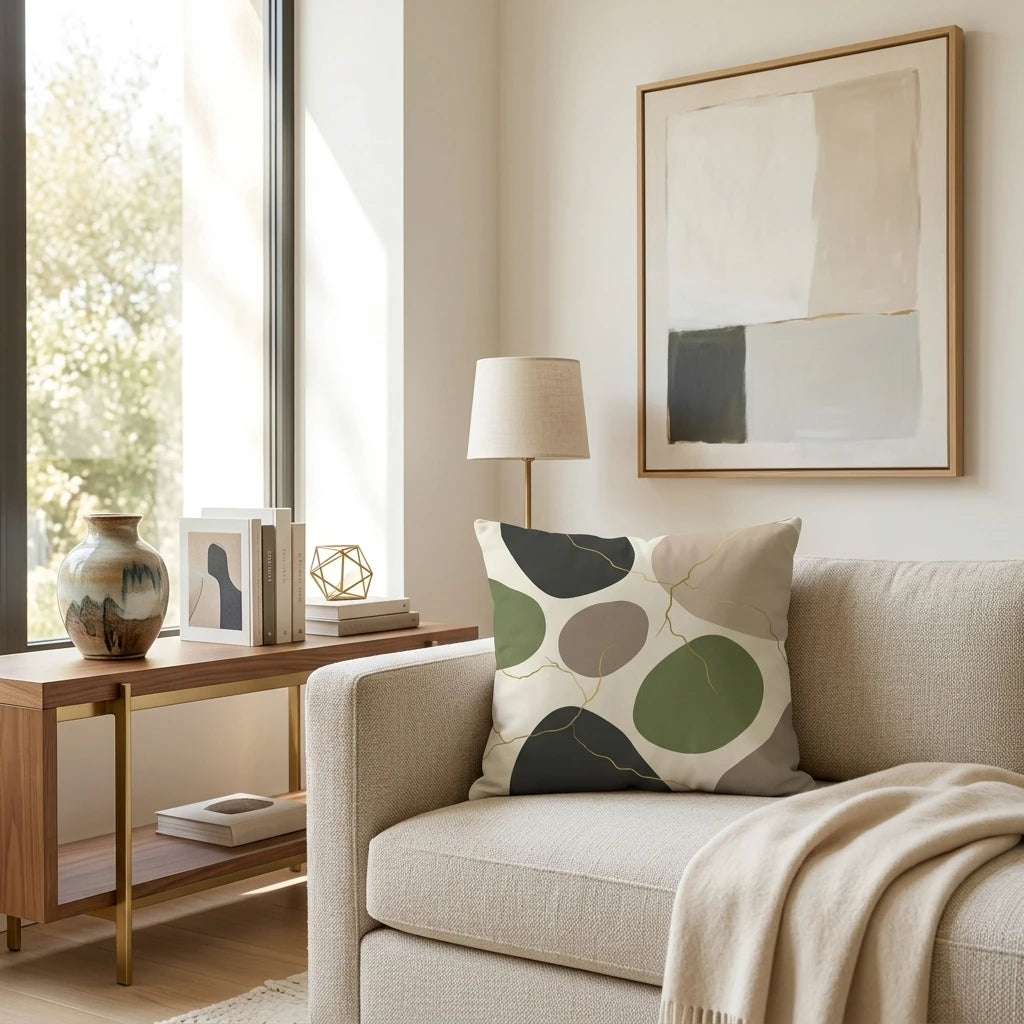 Sage green and charcoal abstract throw pillow on a beige sofa in a modern minimalist living room setting with natural light and decor.