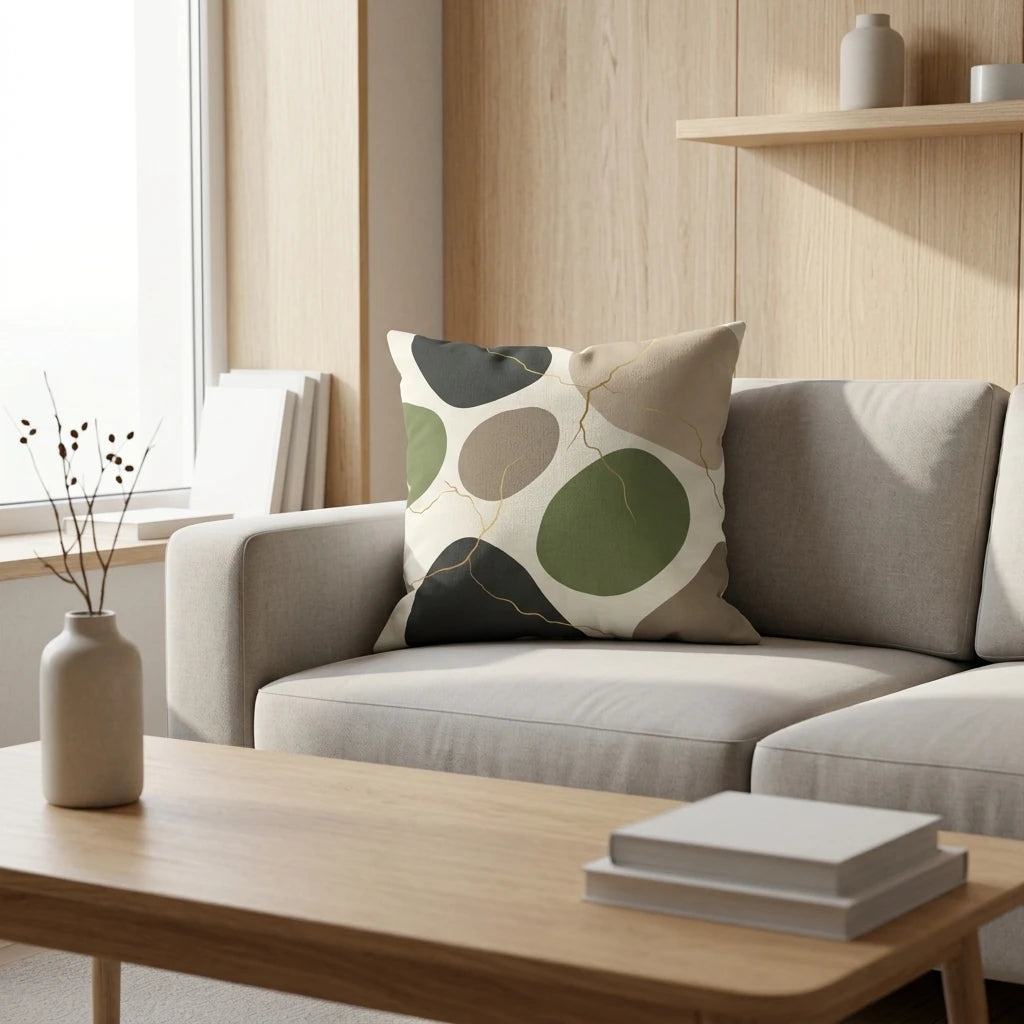 Modern abstract cushion with earth-toned organic patterns and gold accents on a beige sofa in a bright, minimalist living room.