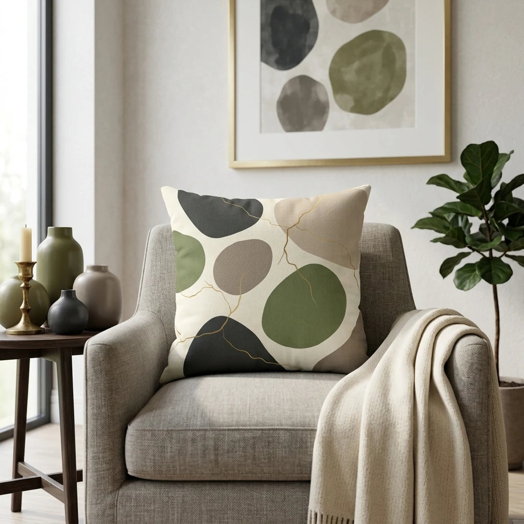 Abstract throw pillow with earthy green and grey organic shapes on a grey armchair in a modern, minimalist living room lifestyle scene.