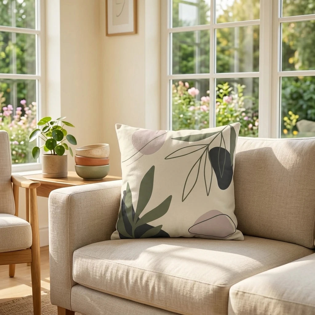 Cream decorative pillow featuring abstract green leaves and pink shapes on a light beige couch in a bright, sun-filled modern living room.