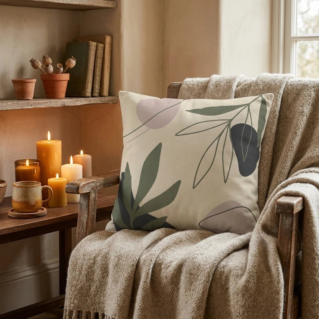 Botanical throw pillow with abstract sage green and mauve leaf patterns on a cozy wooden chair with a textured blanket and warm candles.