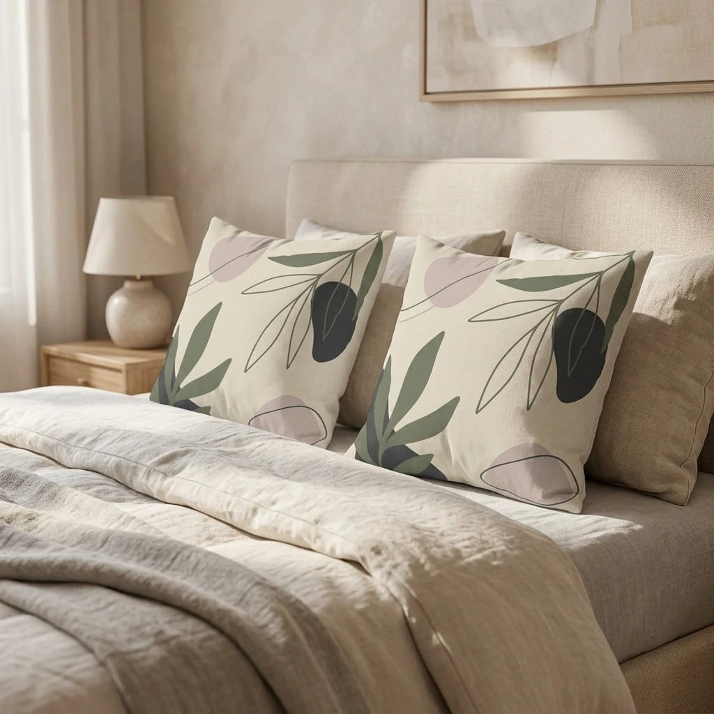 Two decorative cushions with abstract botanical patterns in sage green and pink on a neutral beige bed in a modern, minimalist bedroom setting.