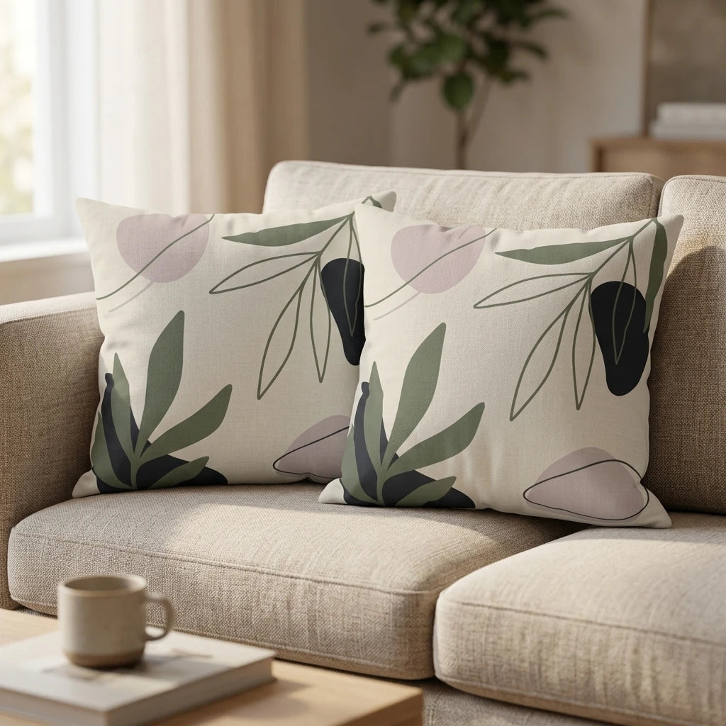 Two decorative pillows with abstract sage green and pink leaf patterns on a beige sofa in a modern, bright living room setting.