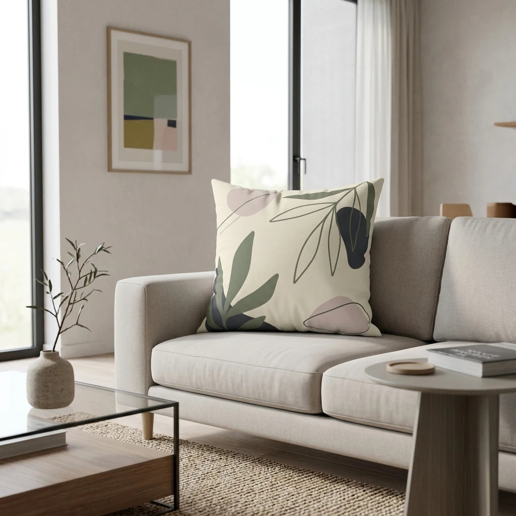 Modern throw pillow with green and pink abstract leaf pattern on a beige sofa in a minimalist living room interior lifestyle shot.