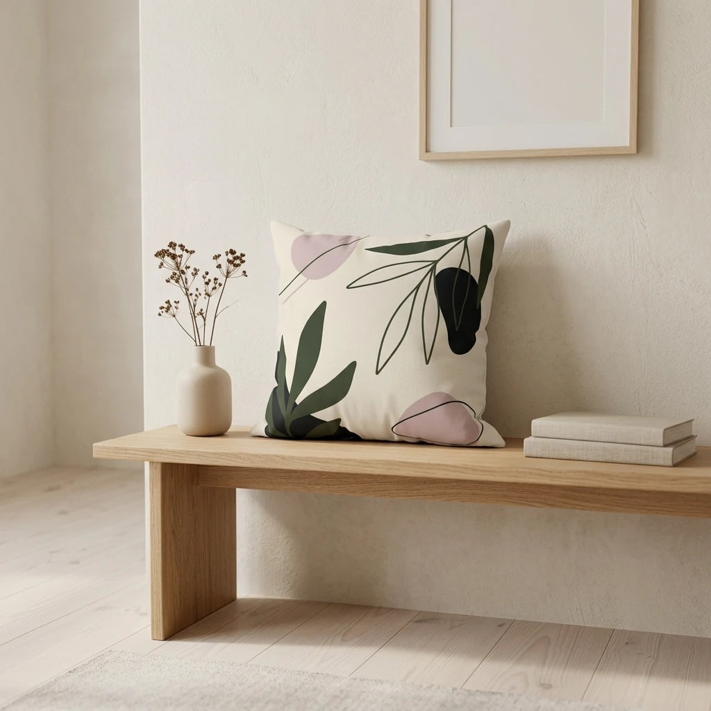 Decorative throw pillow with abstract green leaves and pink shapes on a light wood bench in a minimalist interior setting.