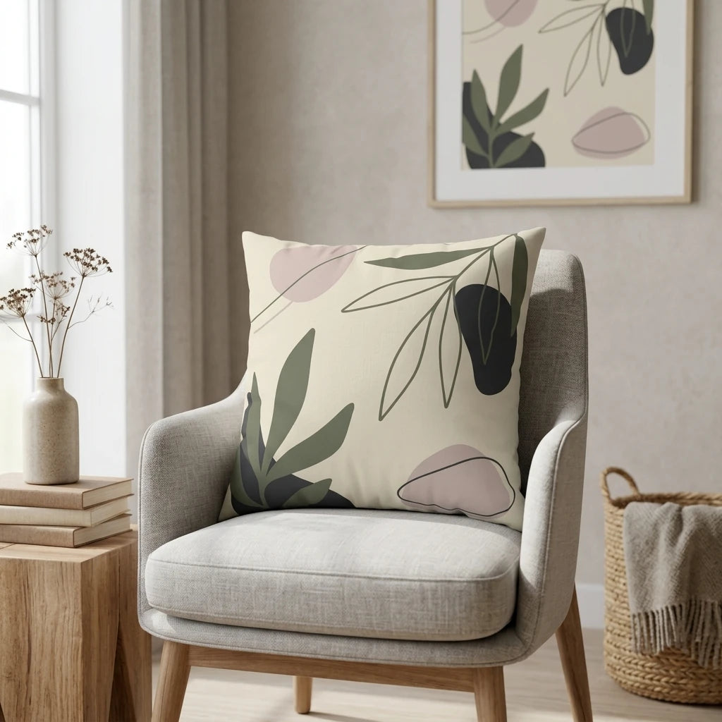 Decorative throw pillow with abstract botanical print in sage green and pink, placed on a grey armchair in a modern minimalist living room.
