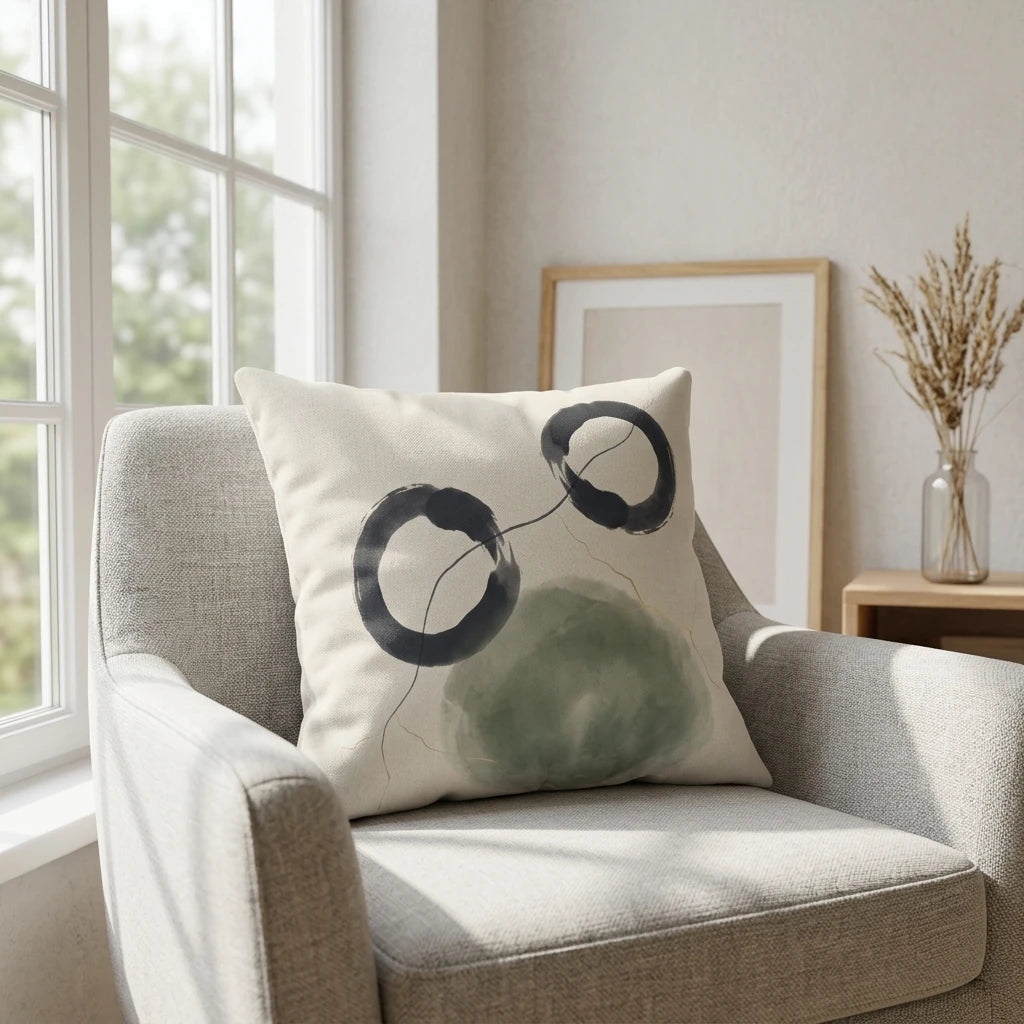 Modern throw pillow with abstract black circles and green watercolor wash on a grey armchair in a bright, sunlit room.