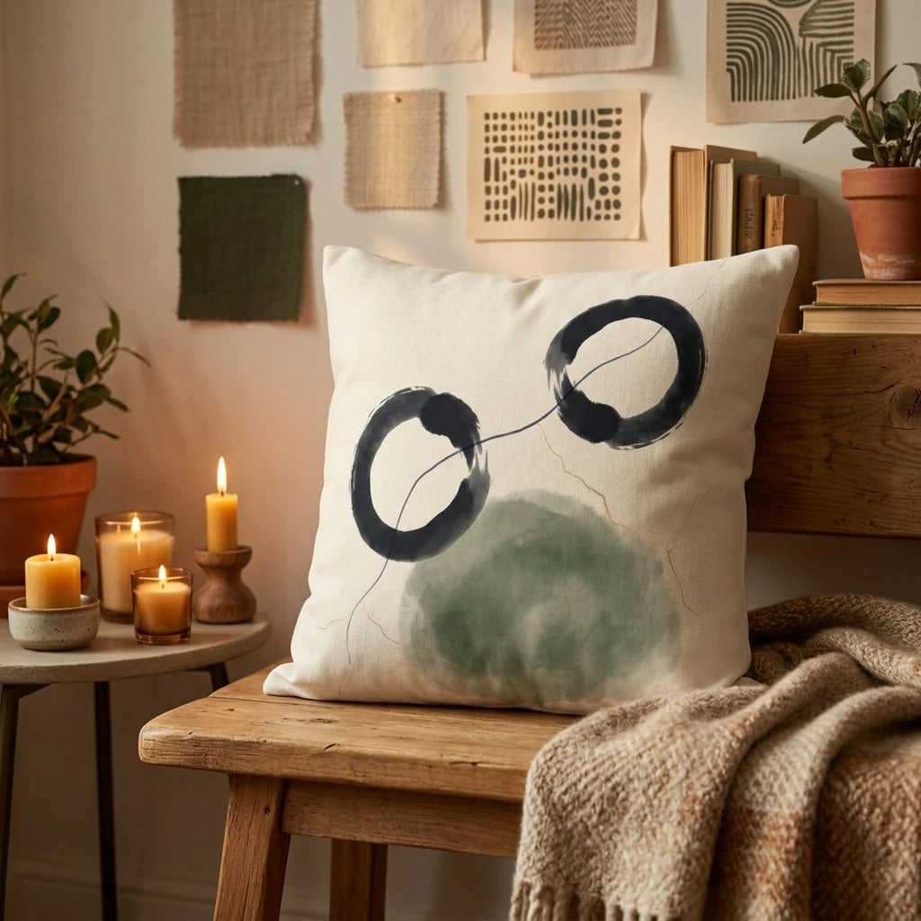 Cream cushion featuring black abstract circles and green watercolor on a wooden bench, set in a cozy room with glowing candles and plants.