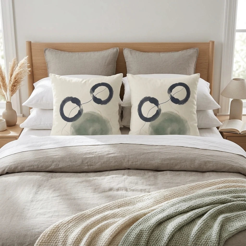 Two abstract art cushions featuring navy circles and sage green shapes on a minimalist bed with neutral bedding and a wooden headboard.