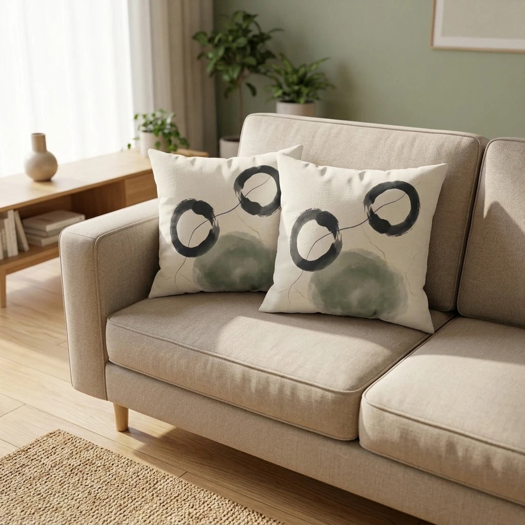 Duo of throw pillows with black circle and green wash abstract prints on a beige sofa in a modern minimalist living room setting.