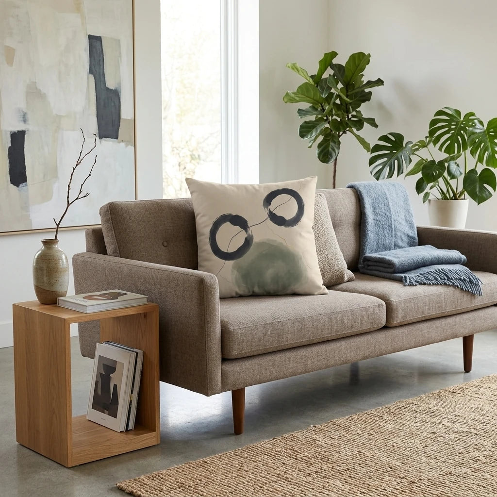 Abstract beige cushion with navy circles and green wash on a sofa in a modern living room lifestyle setting with house plants.
