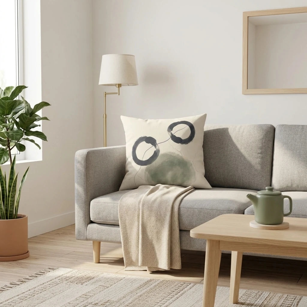 Abstract minimalist cushion featuring black ink circles and green watercolor on a grey sofa in a bright, modern living room setting.