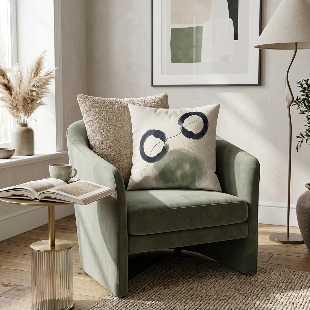Decorative cushion with navy abstract circles and green watercolor on a sage velvet armchair in a cozy living room with a book and side table.