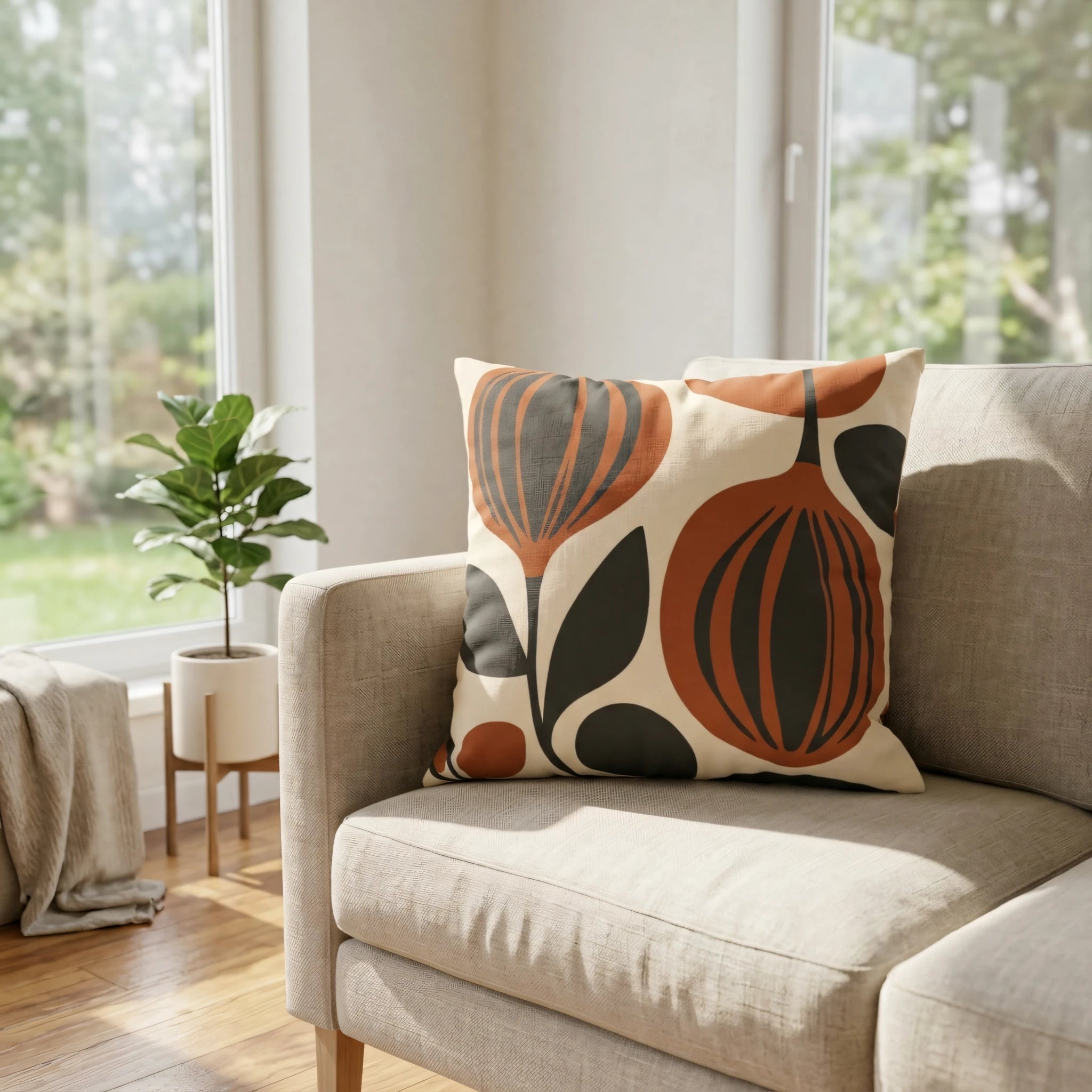 Modern decorative cushion with a rust and black abstract floral pattern on a beige sofa in a bright, sunny living room with a plant.