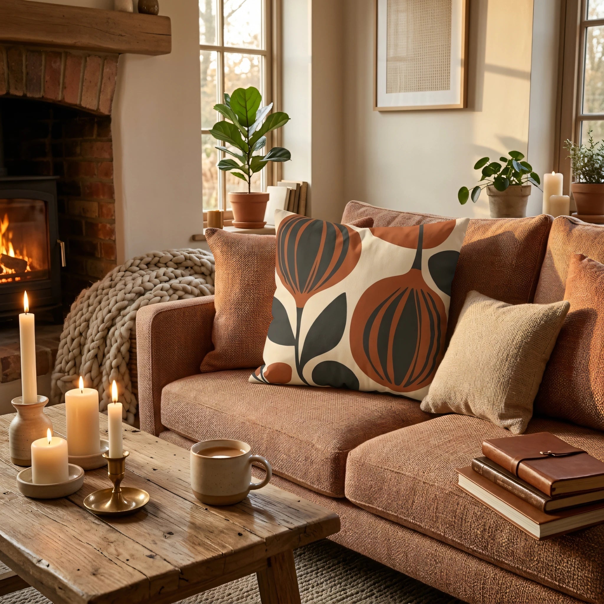 Decorative throw cushion with a bold terracotta floral pattern on a cozy sofa in a warm rustic living room with a fireplace and candles.