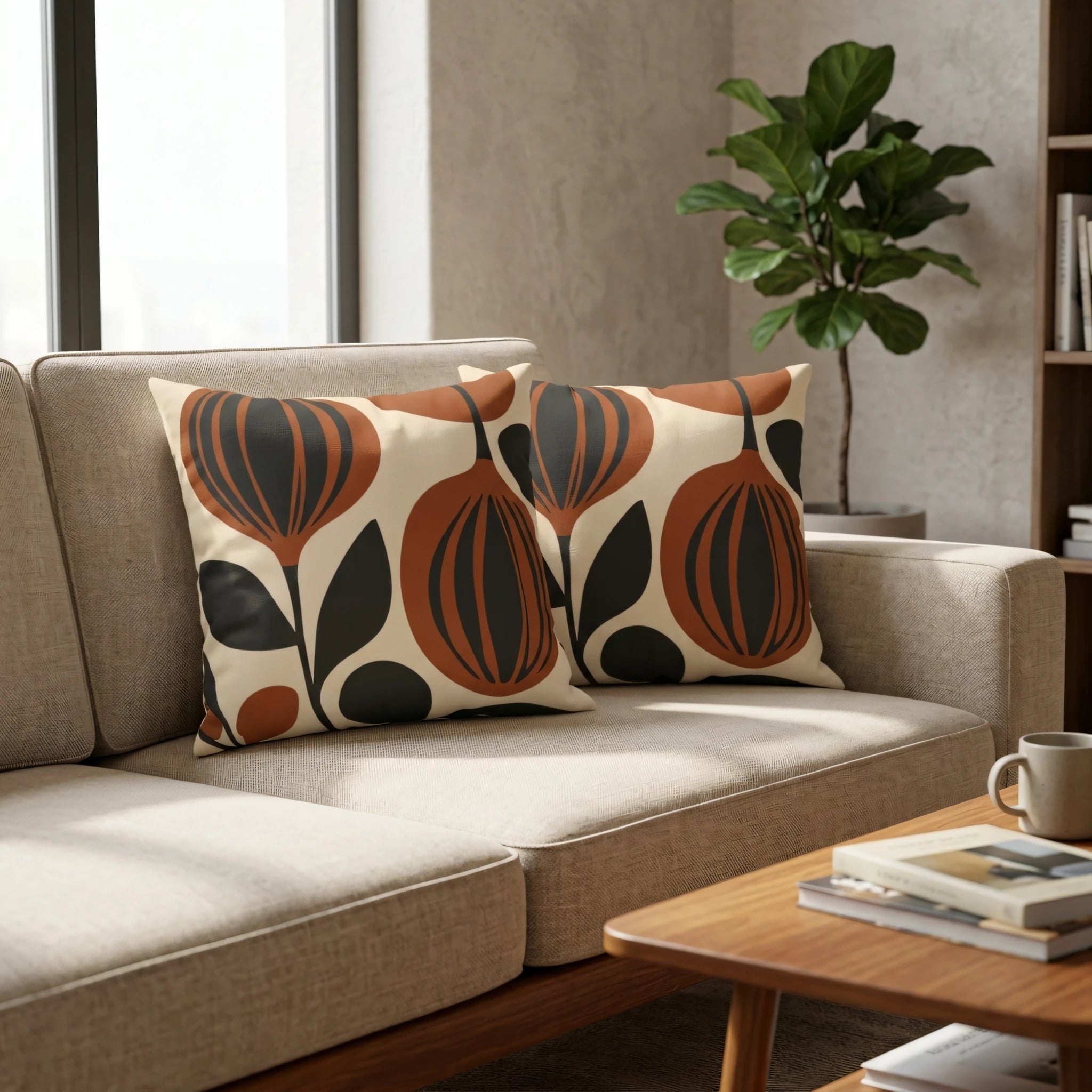Two decorative cushions with mid-century terracotta floral patterns on a beige sofa in a bright living room with a wooden coffee table.