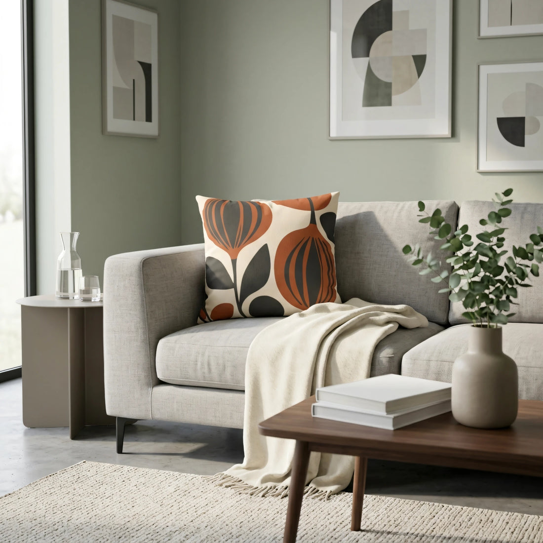 Modern cushion with burnt orange and charcoal abstract floral patterns on a grey sofa in a stylish living room setting with minimalist decor.