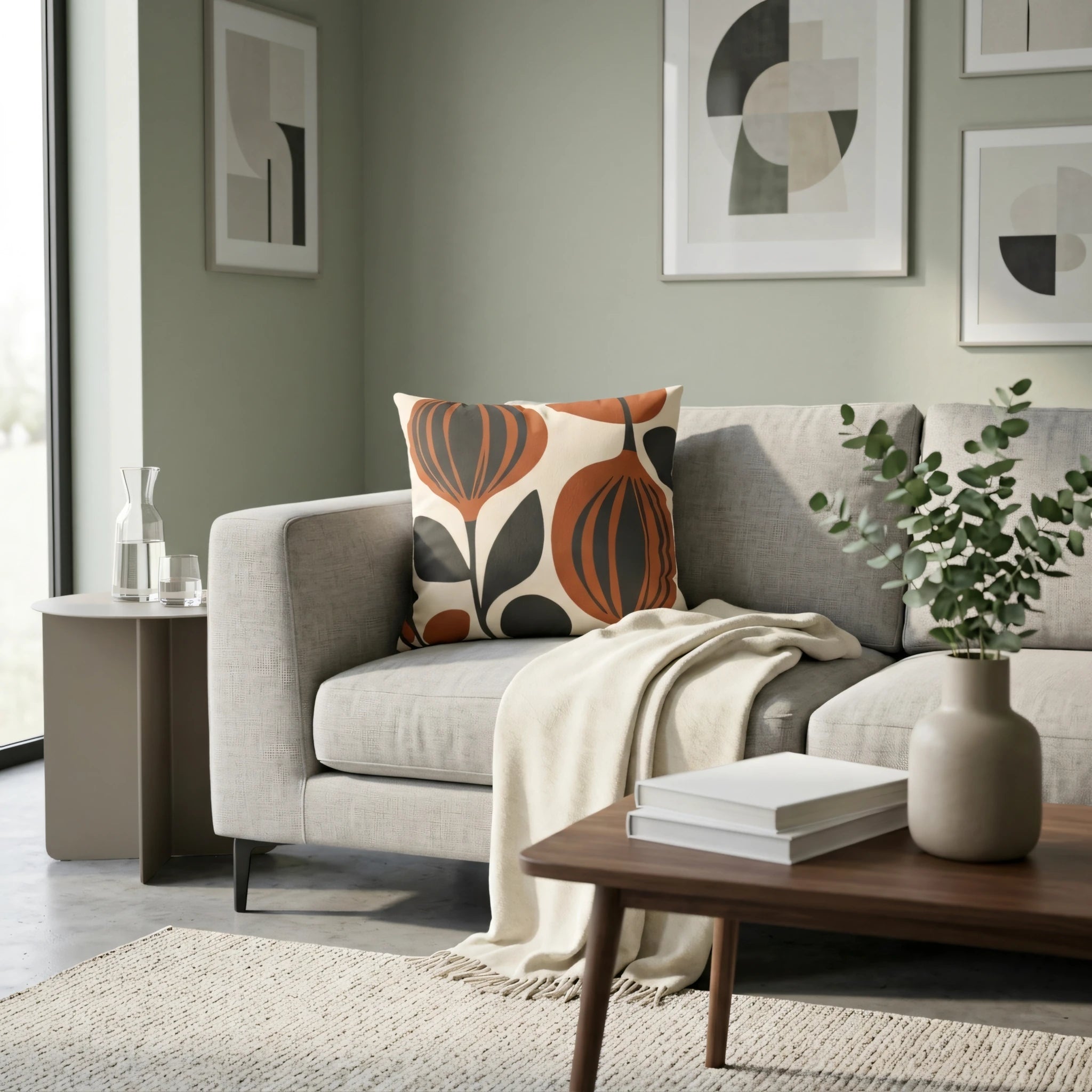 Modern cushion with burnt orange and charcoal abstract floral patterns on a grey sofa in a stylish living room setting with minimalist decor.