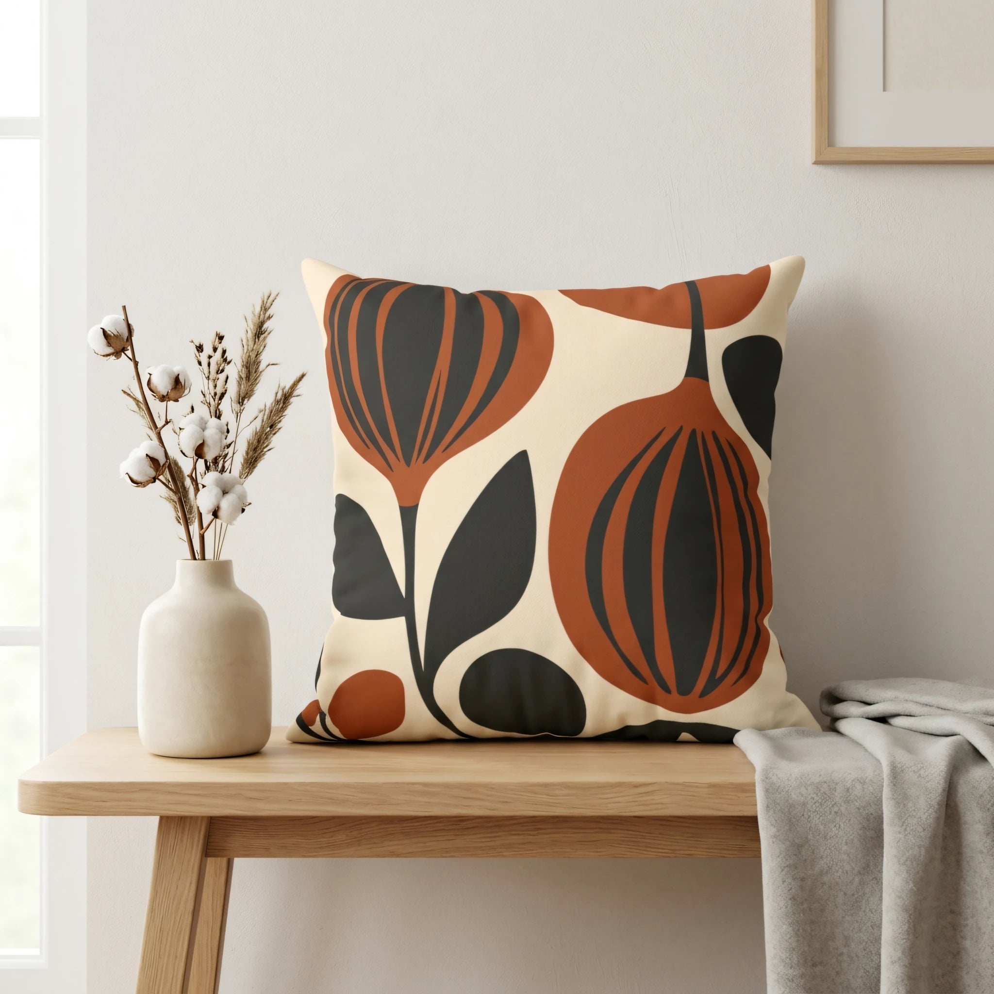 Mid-century modern pillow with terracotta and black botanical patterns on a wooden bench in a bright minimalist room with a ceramic vase.