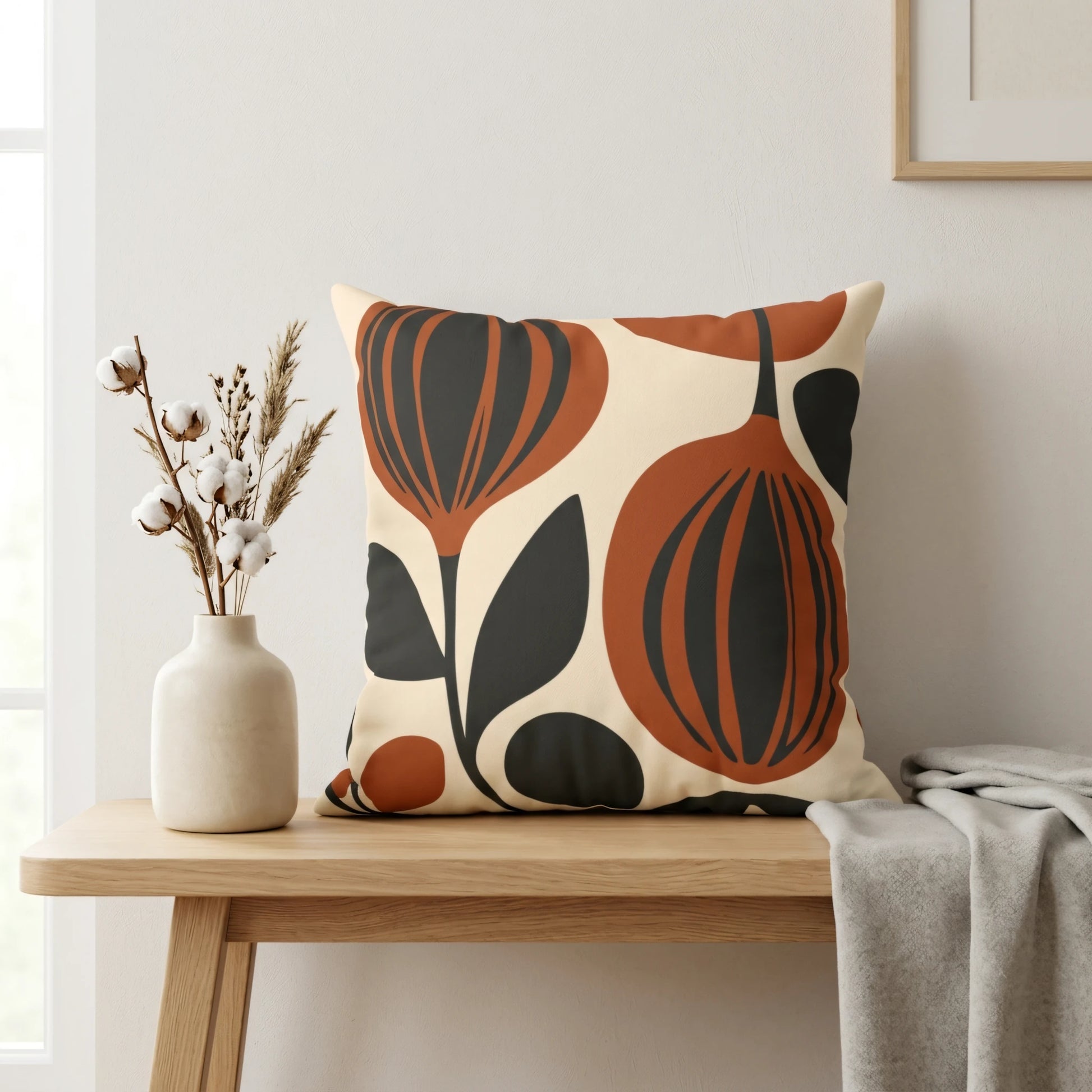 Mid-century modern pillow with terracotta and black botanical patterns on a wooden bench in a bright minimalist room with a ceramic vase.
