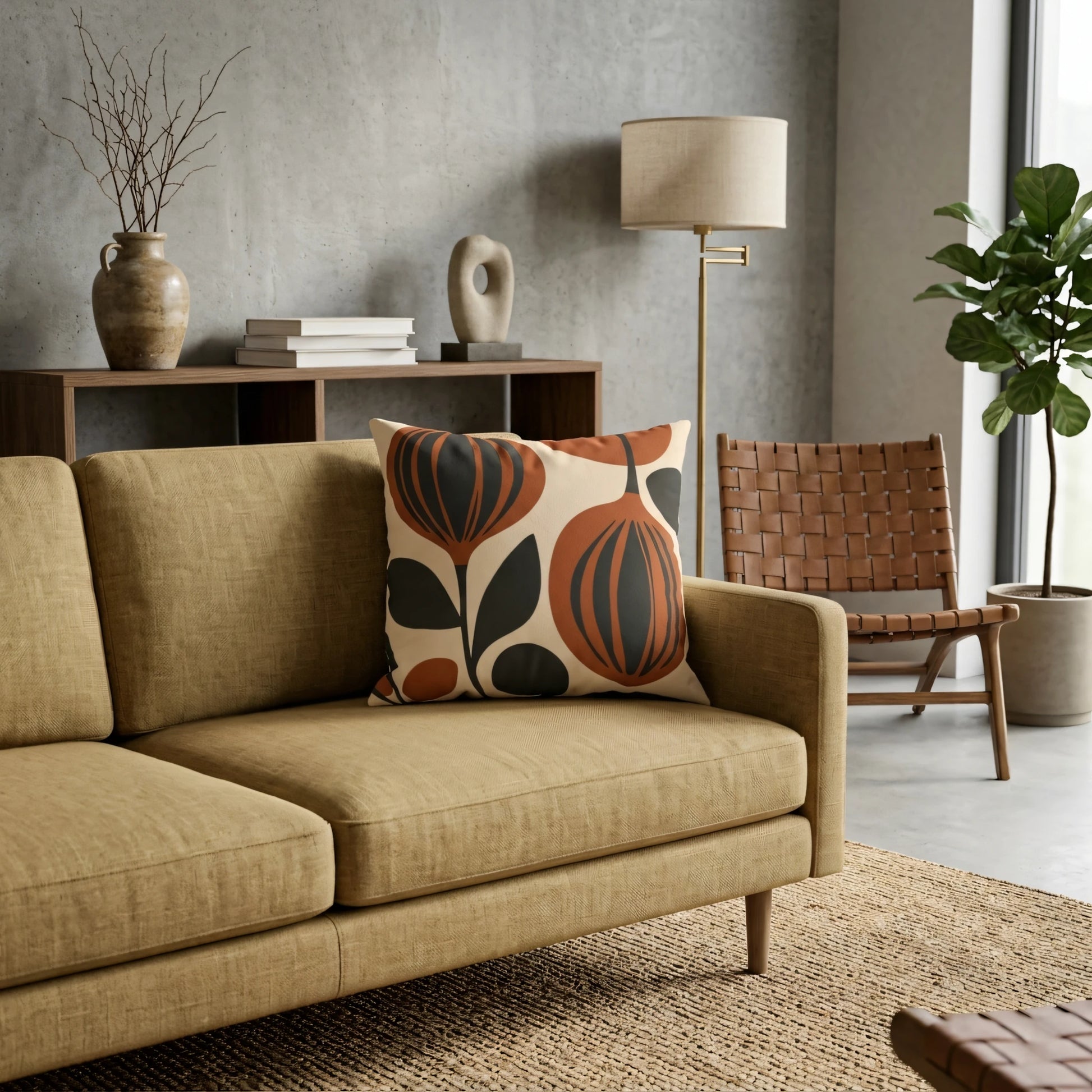 Terracotta and grey retro floral throw pillow on a tan sofa in a minimalist living room with concrete walls and a woven rug.