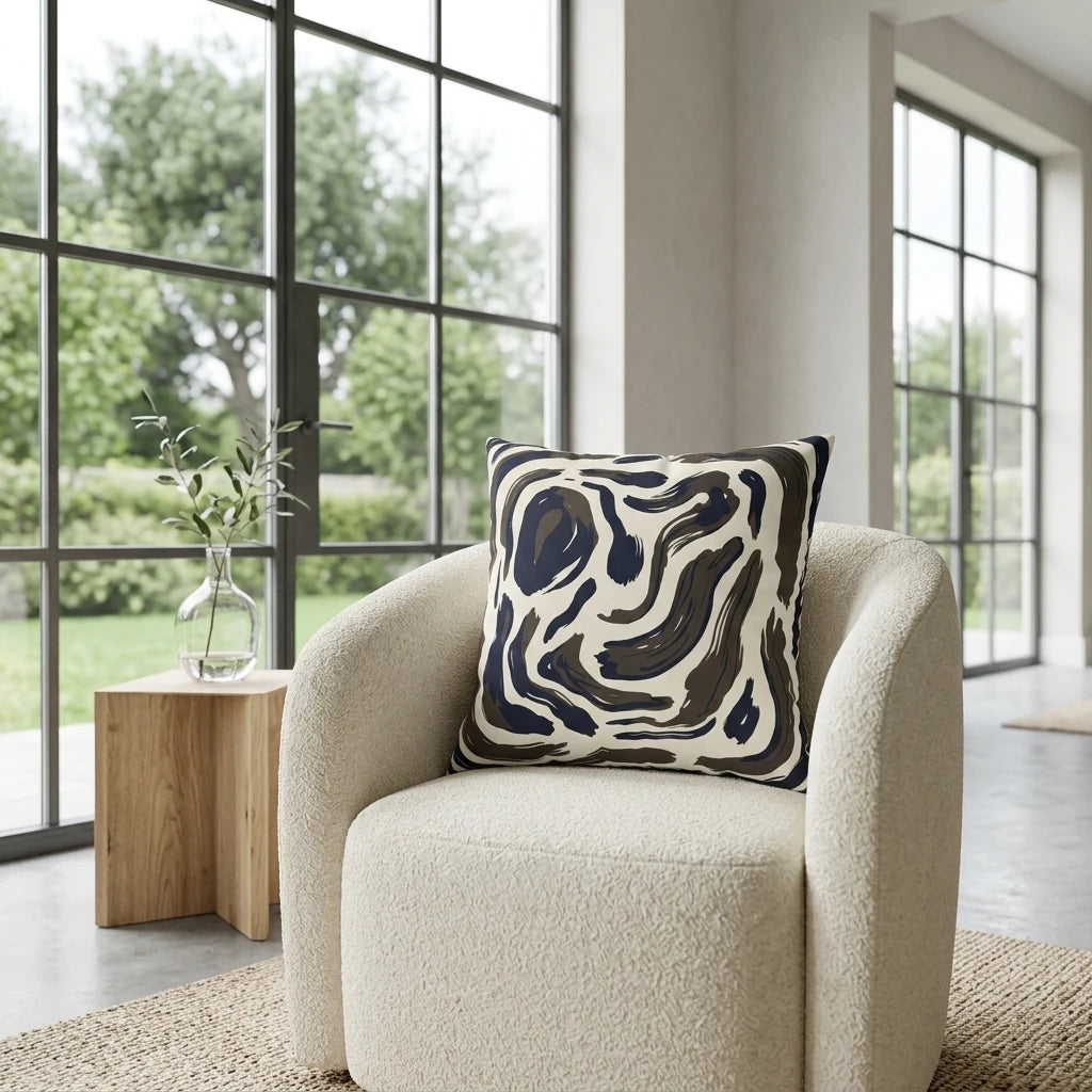 Modern cushion with navy and brown abstract swirls on a cream bouclé armchair in a bright, sunlit room with garden views.
