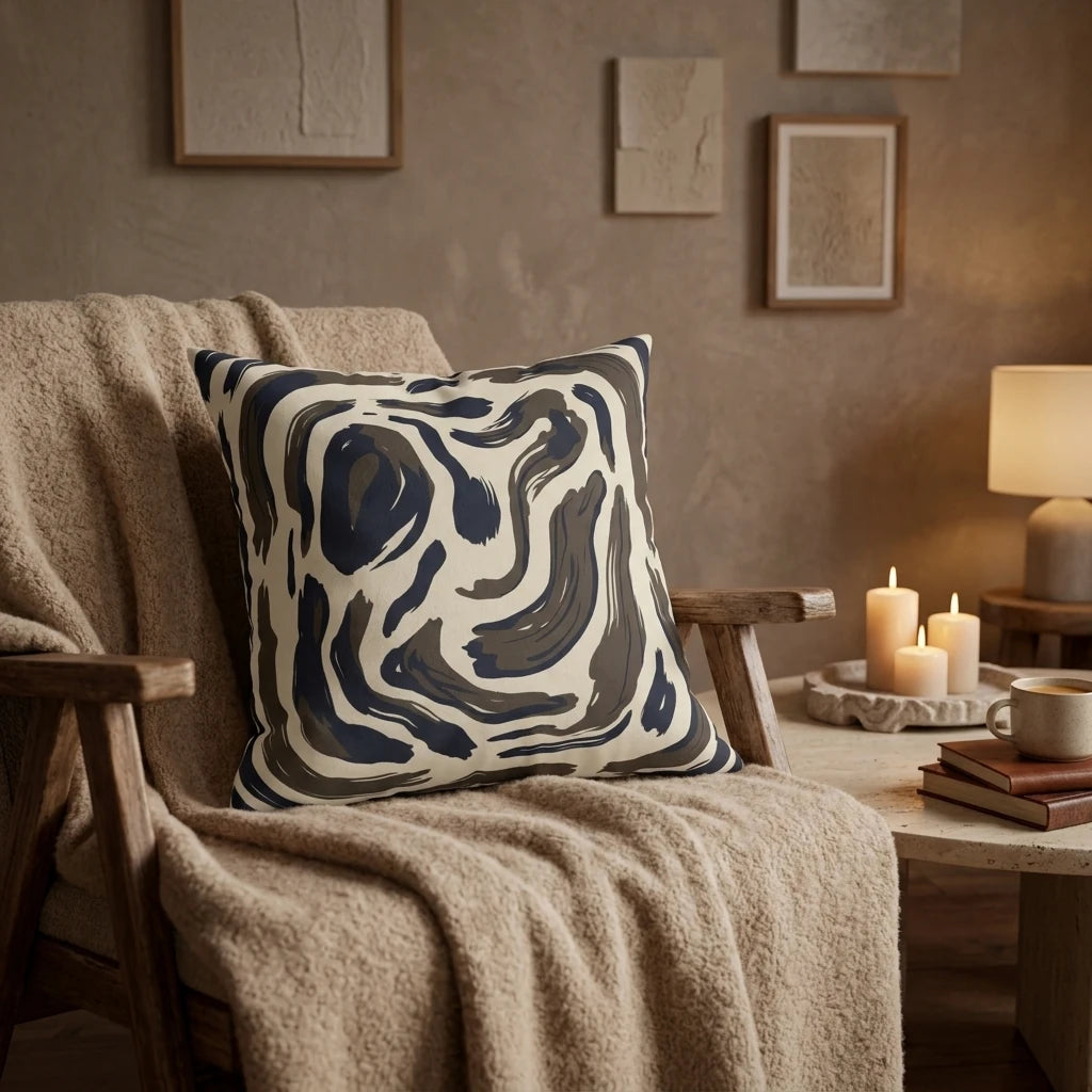 Abstract navy and mocha patterned cushion on a sherpa chair in a cozy, candlelit room with a warm, inviting living room aesthetic.