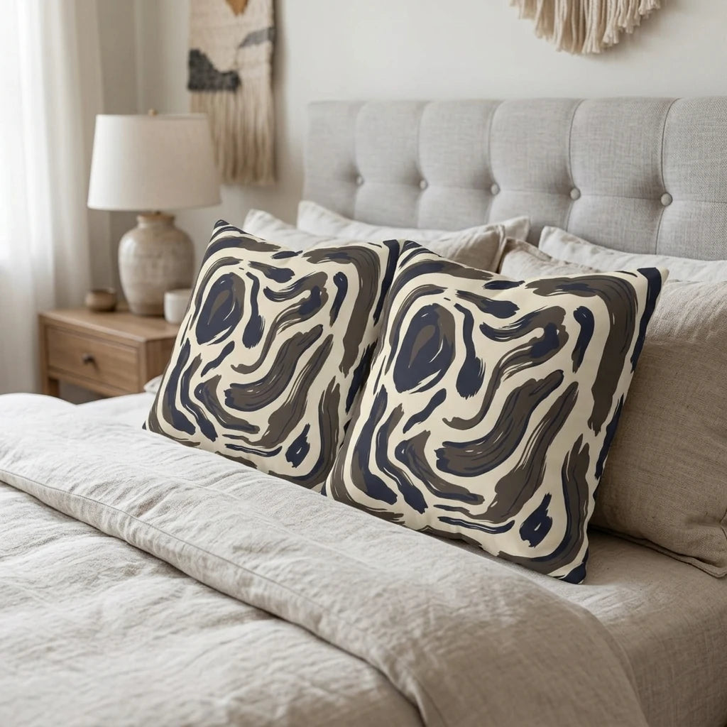 Two abstract navy and brown patterned cushions displayed on a neutral bed with a tufted headboard in a serene lifestyle bedroom setting.