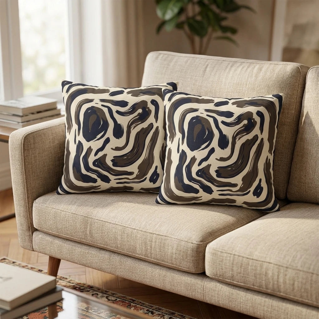 Duo of decorative pillows with navy blue and brown abstract swirl patterns displayed on a textured beige sofa in a cozy living room.