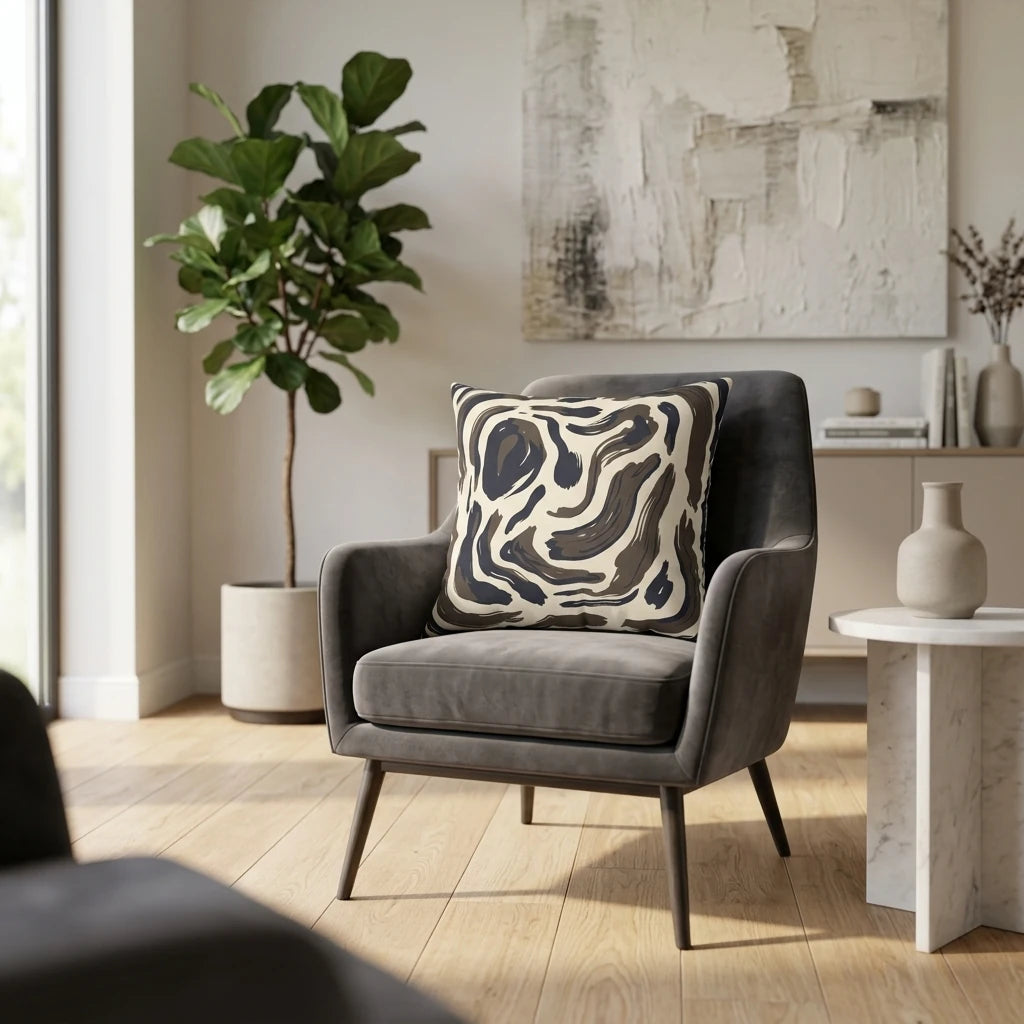Decorative throw pillow with blue and brown abstract swirls on a grey armchair in a bright modern living room featuring plants and marble decor.