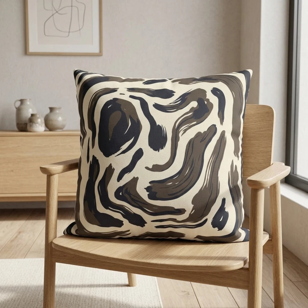 Abstract patterned cushion with brown swirls on a wooden armchair in a bright, minimalist interior lifestyle setting.