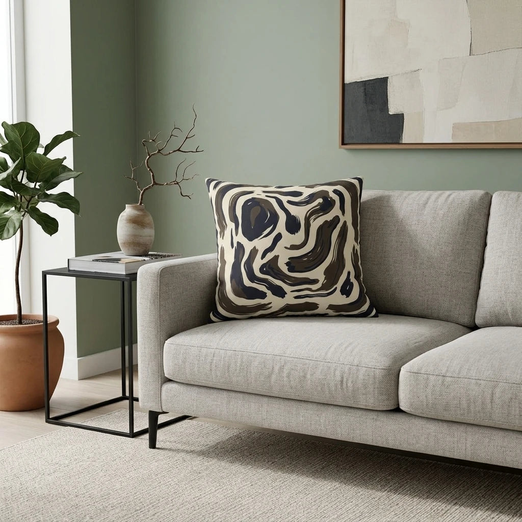 Modern cream cushion with abstract navy and brown patterns on a grey sofa in a minimalist living room with sage green walls and decor.