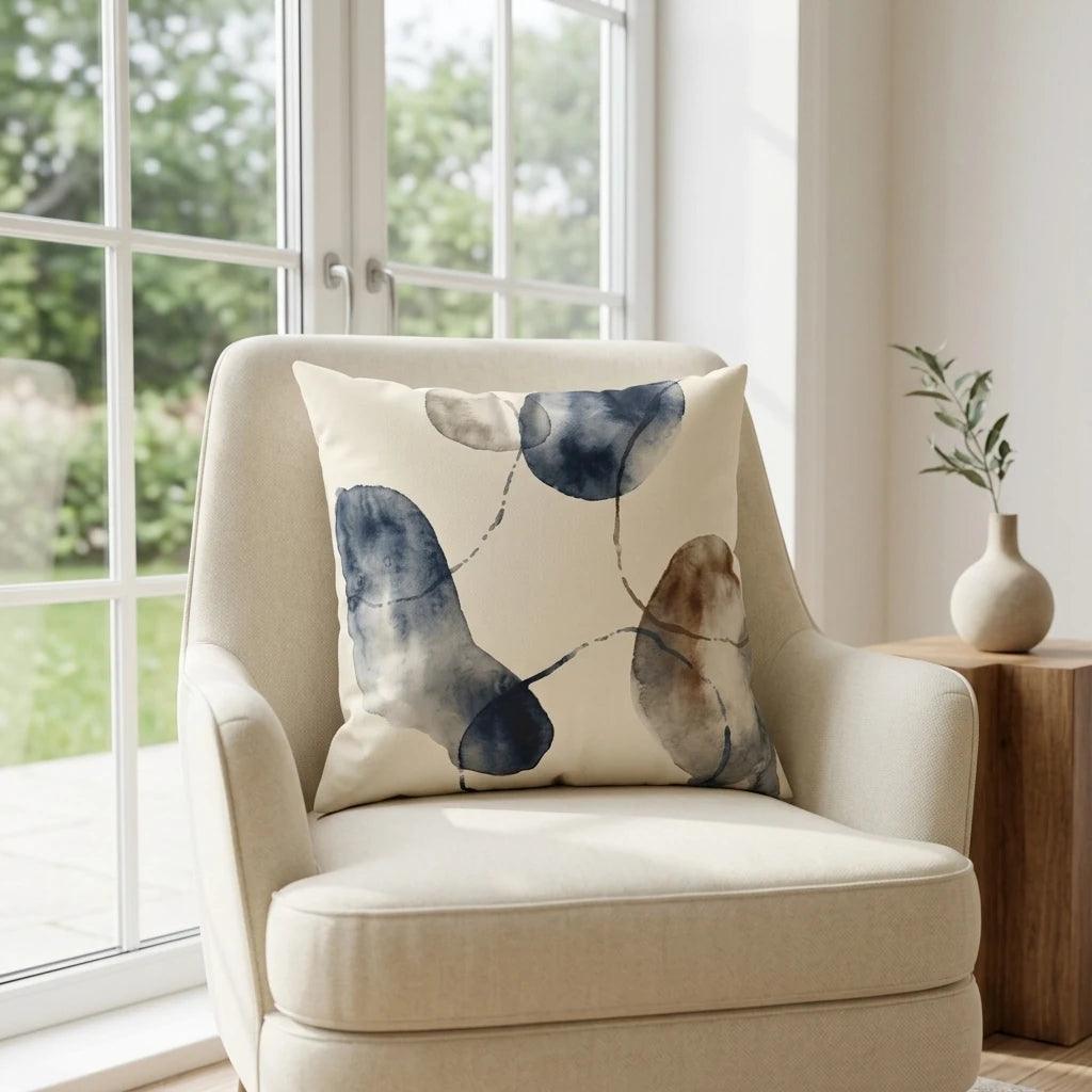 Modern cushion with abstract navy and brown watercolor patterns on an armchair in a bright, sunlit living room by a window.