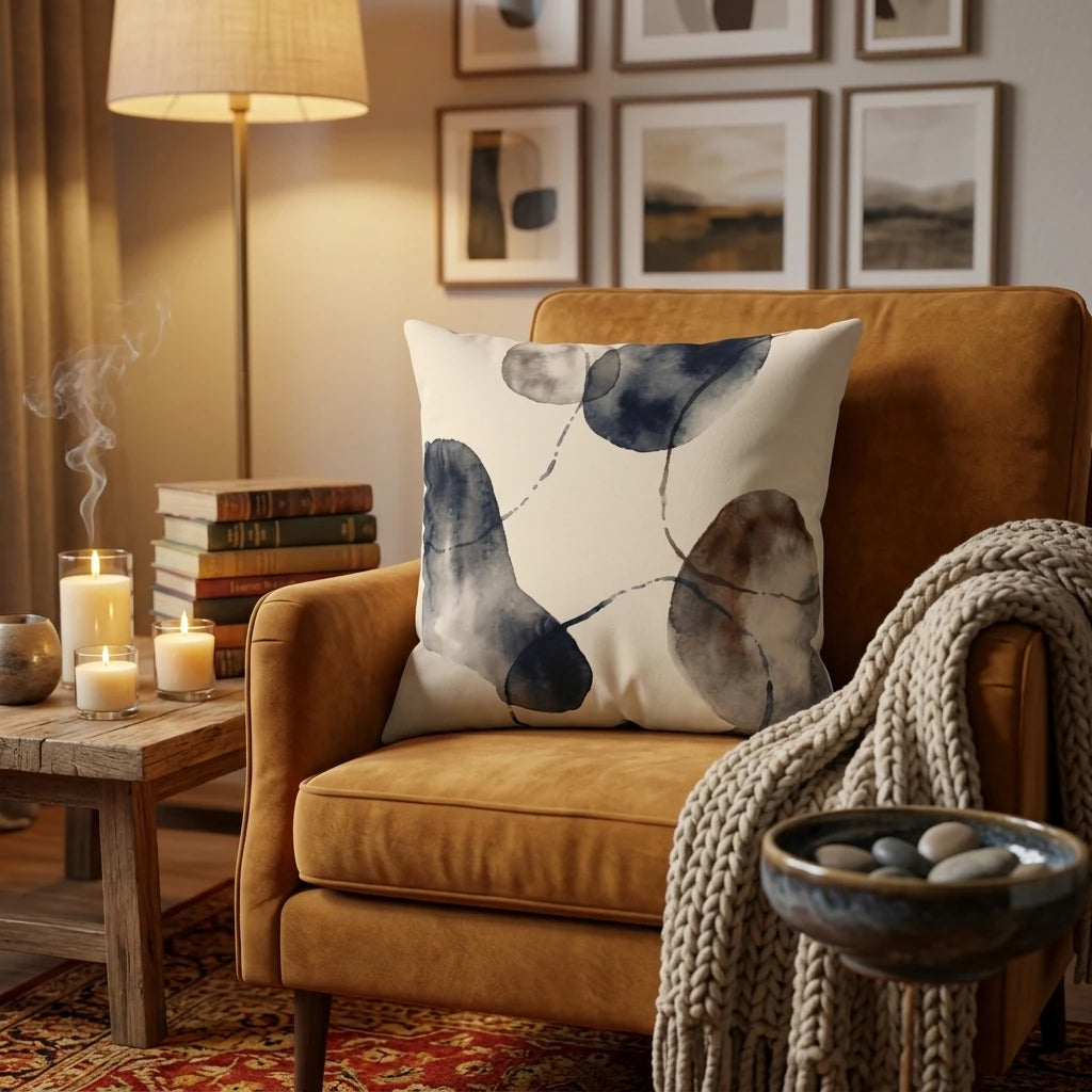 Abstract navy and brown watercolor throw pillow on a mustard velvet armchair in a cozy living room with lit candles and framed wall art.