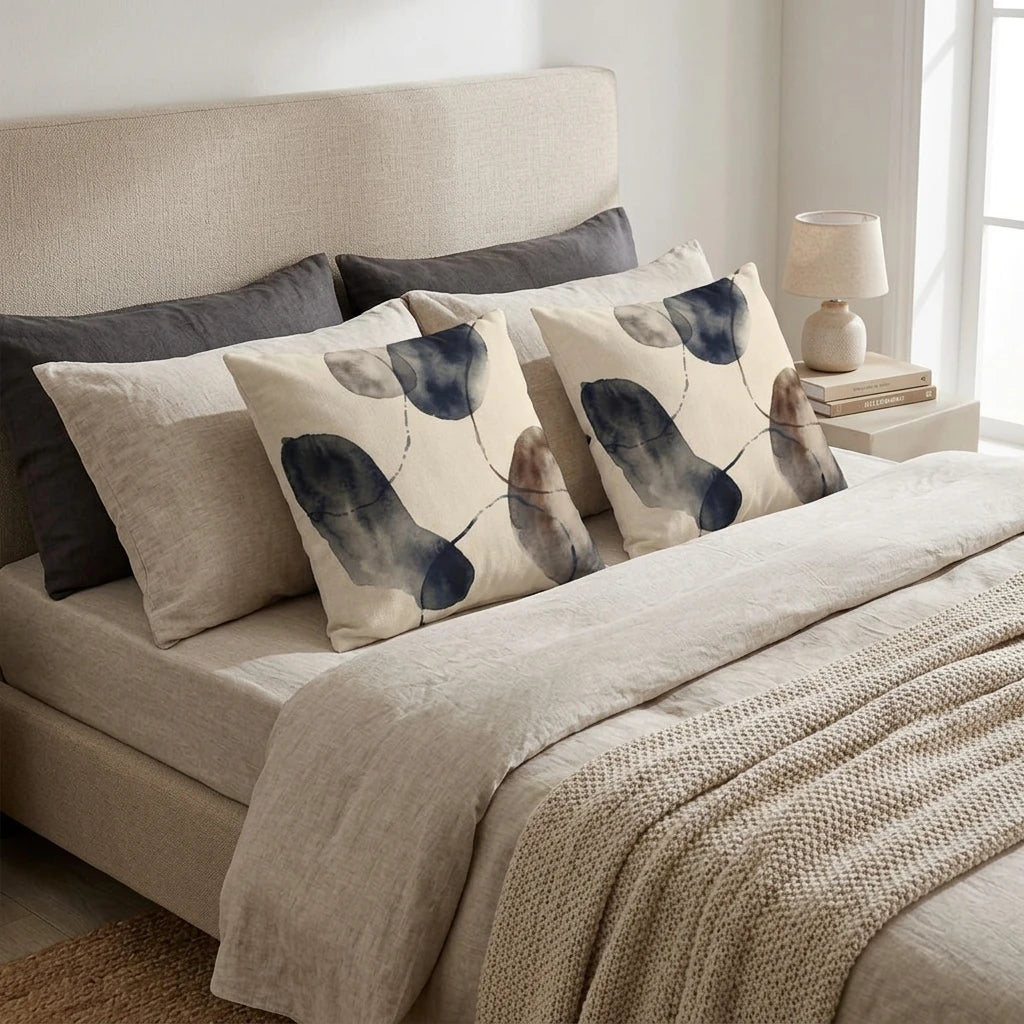 Two abstract watercolor throw pillows with navy and brown ink patterns displayed on a cozy neutral bed in a modern lifestyle bedroom setting.