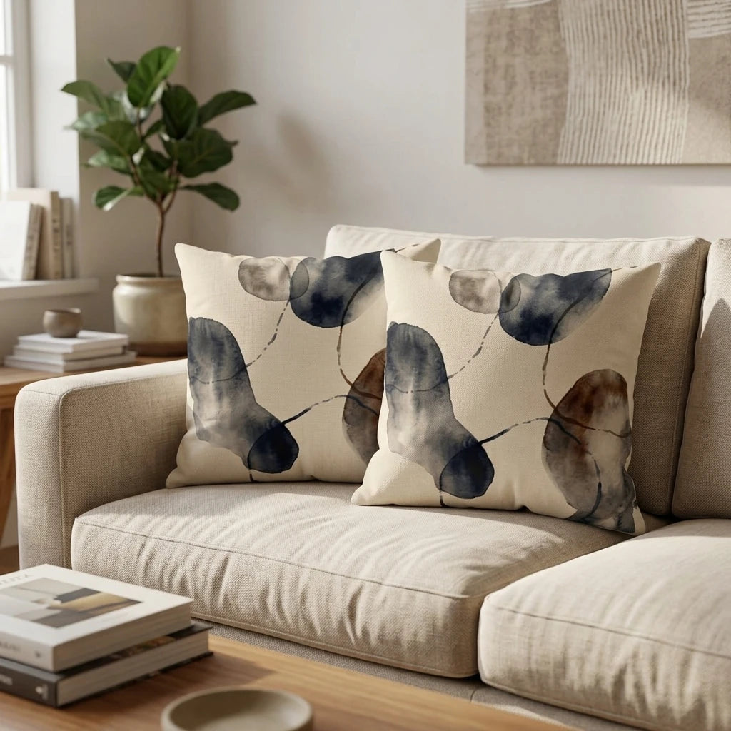 Pair of square throw pillows with navy and brown watercolor design on a beige sofa in a cozy, bright living room setting.