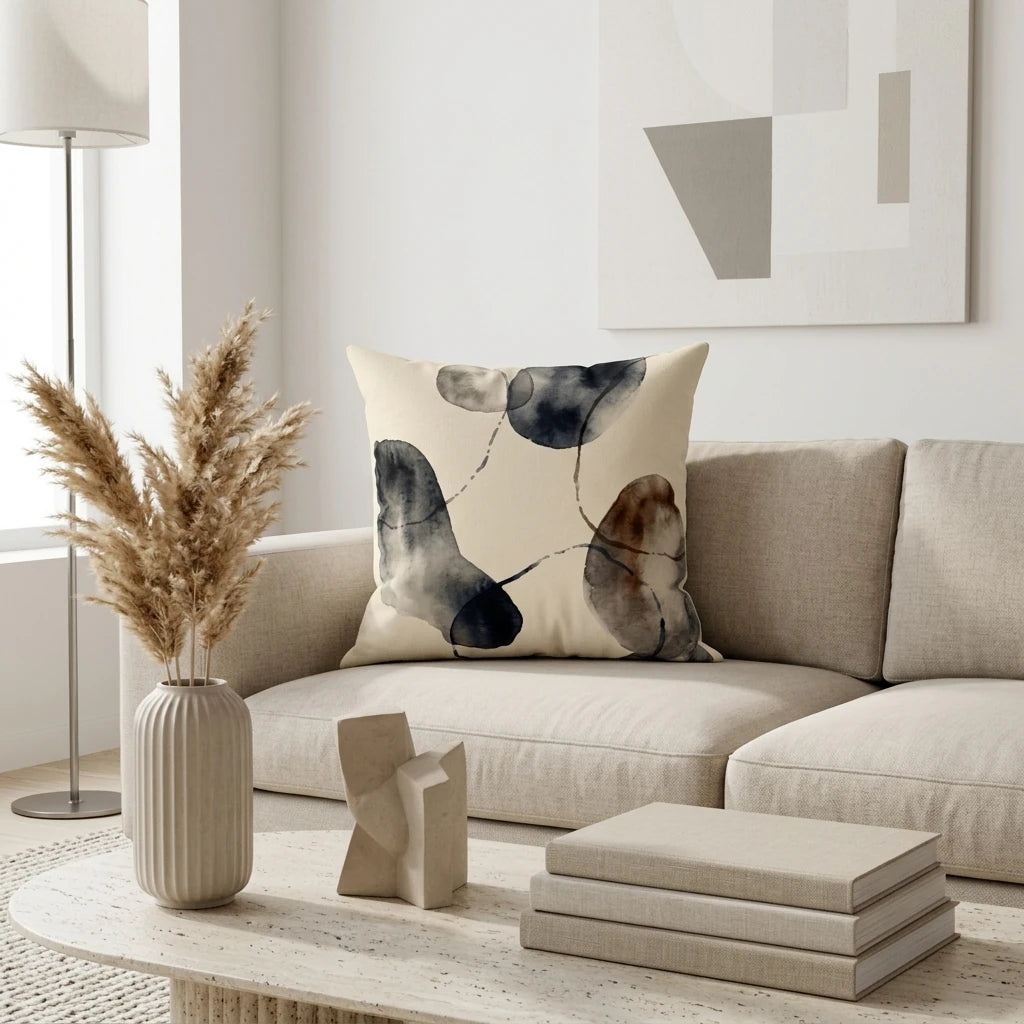 Decorative cushion with an abstract watercolor pattern in navy and brown, displayed on a beige sofa in a minimalist modern living room.