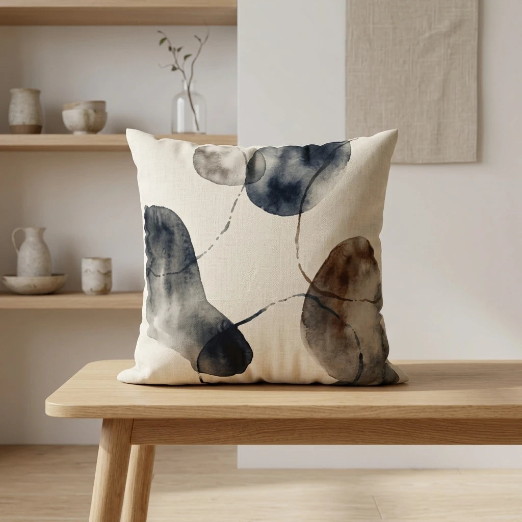 Decorative cushion featuring navy and brown abstract watercolor shapes, displayed on a wooden bench in a neutral minimalist interior.