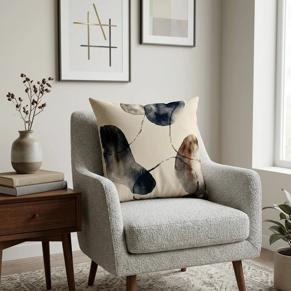 Watercolor abstract pattern pillow in navy and brown on a grey bouclé armchair in a modern minimalist living room with wooden side table.
